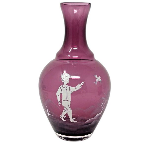 Mary Gregory Cranberry Glass Tumble Up Vintage Boy w/Bird Carafe & Tumbler Set - Picture 3 of 12
